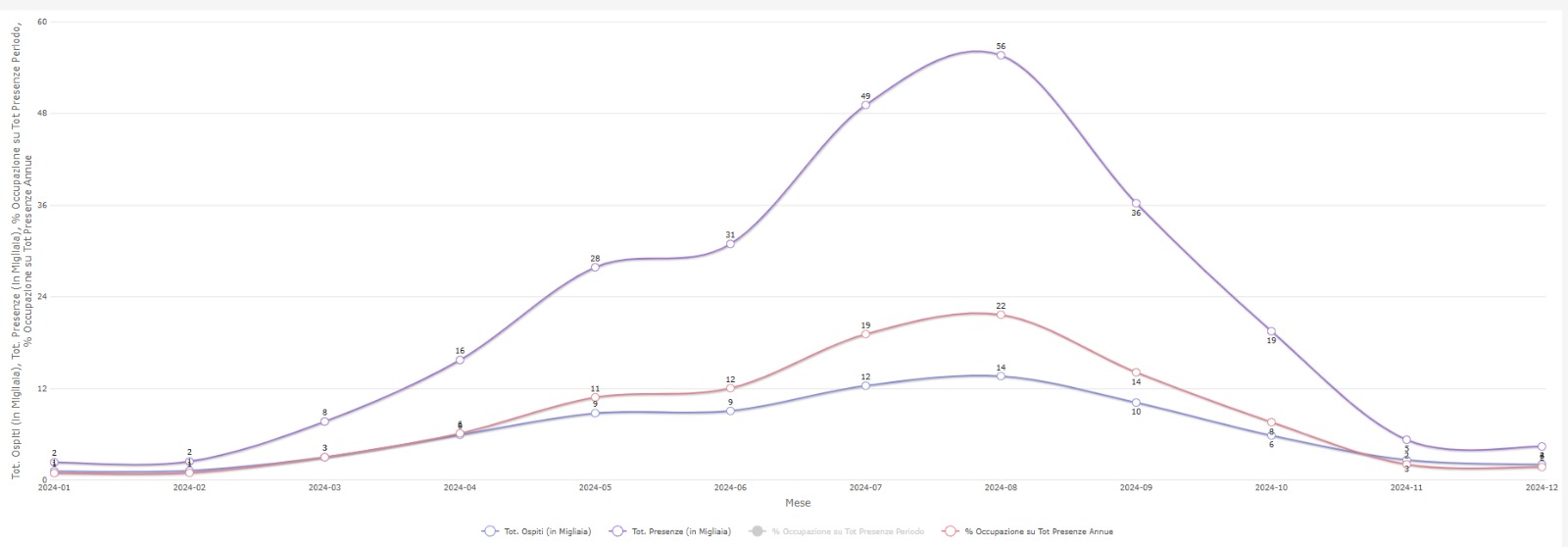 Ospiti, Presenze e % di occupazione in un anno